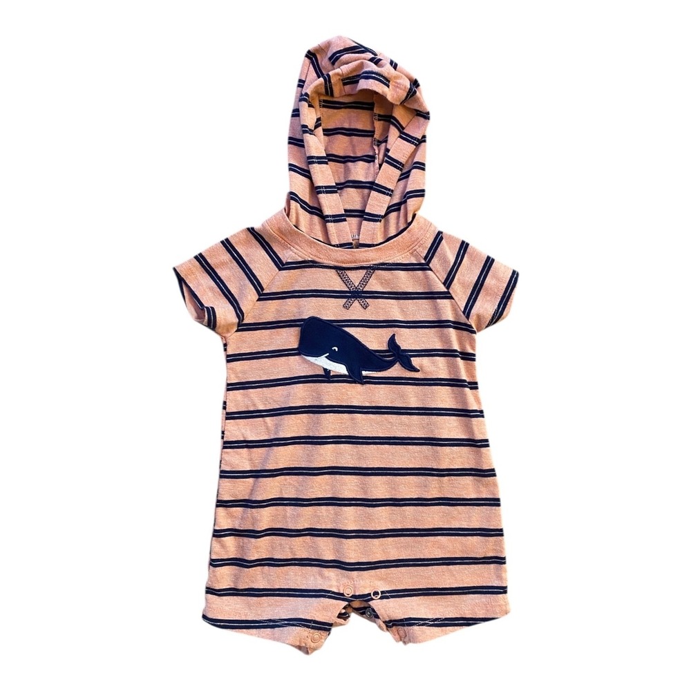 Carter's Baby Boy 9M Whale Hooded Romper Orange Blue Striped 60/40 Cotton Poly